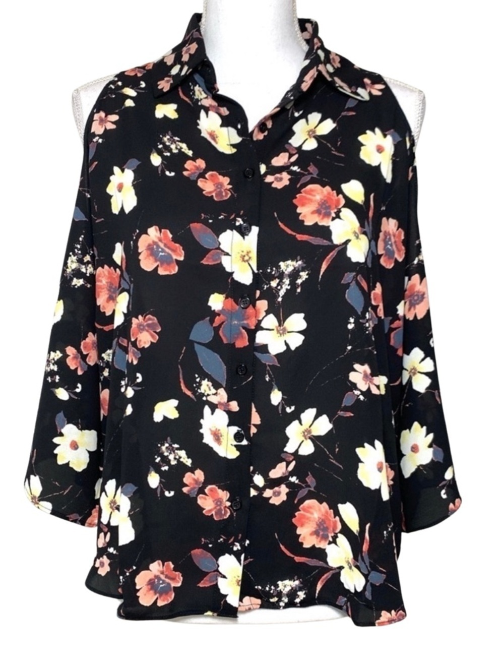 NWT Three Eighty Two Floral Bohoโ Cold Shoulder Top Blouse Women Oversized XS